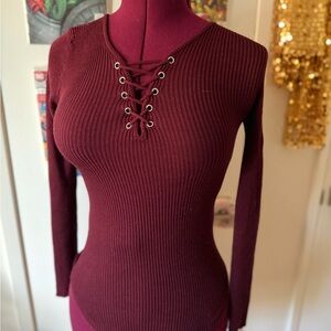 Burgundy Lace-Up Ribbed Women's Top